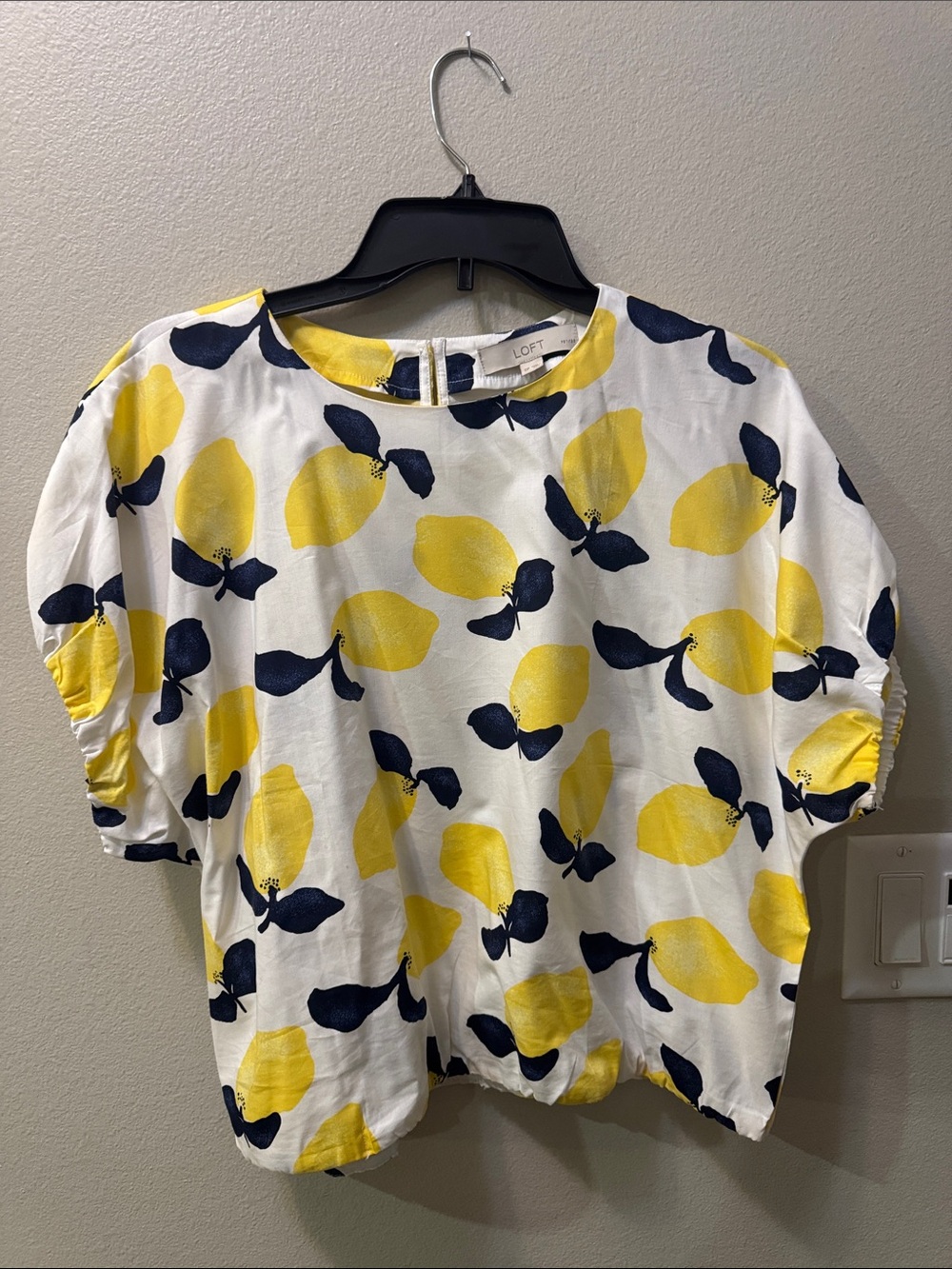LOFT White Short Sleeve Top with Yellow & Navy Lemon Print